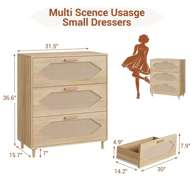 Commode à 3 tiroirs avec façade en rotin pour chambre à coucher