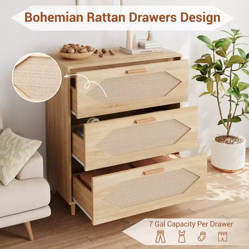 Commode à 3 tiroirs avec façade en rotin pour chambre à coucher