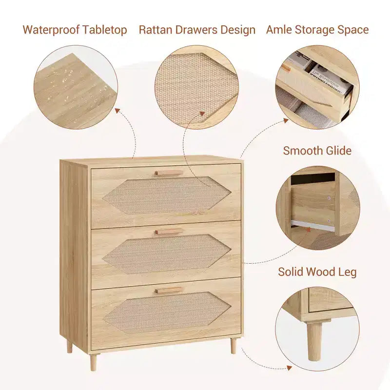 Commode à 3 tiroirs avec façade en rotin pour chambre à coucher