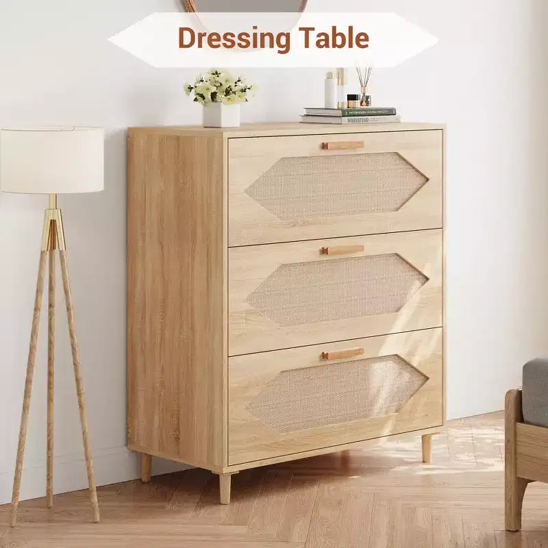 Commode à 3 tiroirs avec façade en rotin pour chambre à coucher