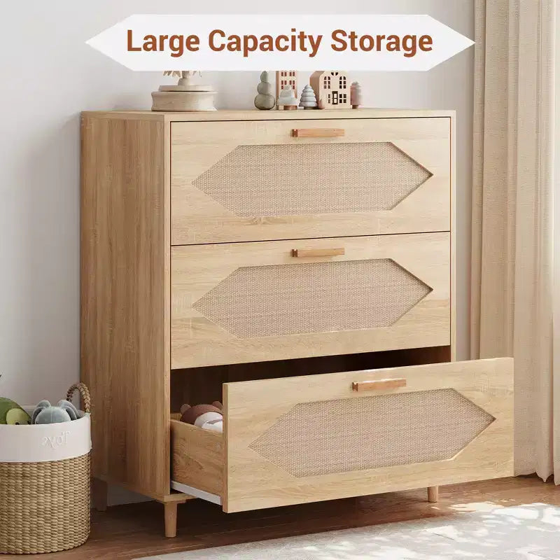 Commode à 3 tiroirs avec façade en rotin pour chambre à coucher