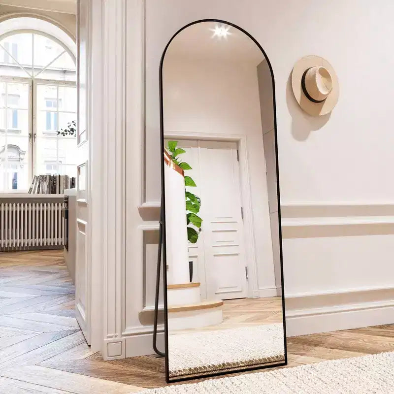 21 x 64 Full Length Arched Floor Mirror Black/Gold-HOMLUX: Freestanding Design Metal Frame