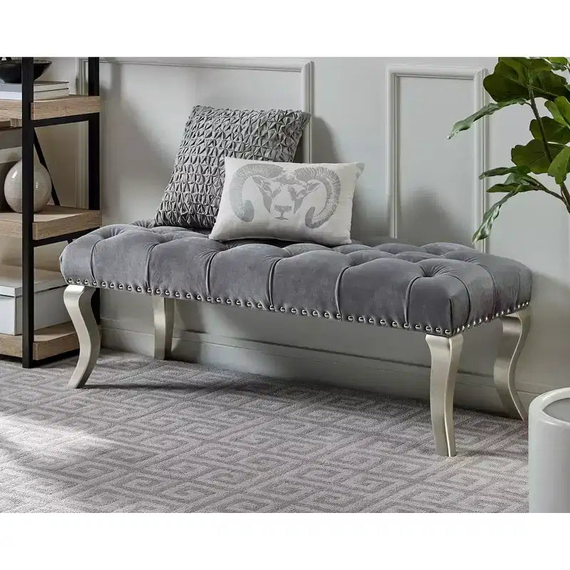 Roundhill Furniture Decor Maxem Tufted Fabric Upholstered Seat with Nailhead Trim Bench Gray