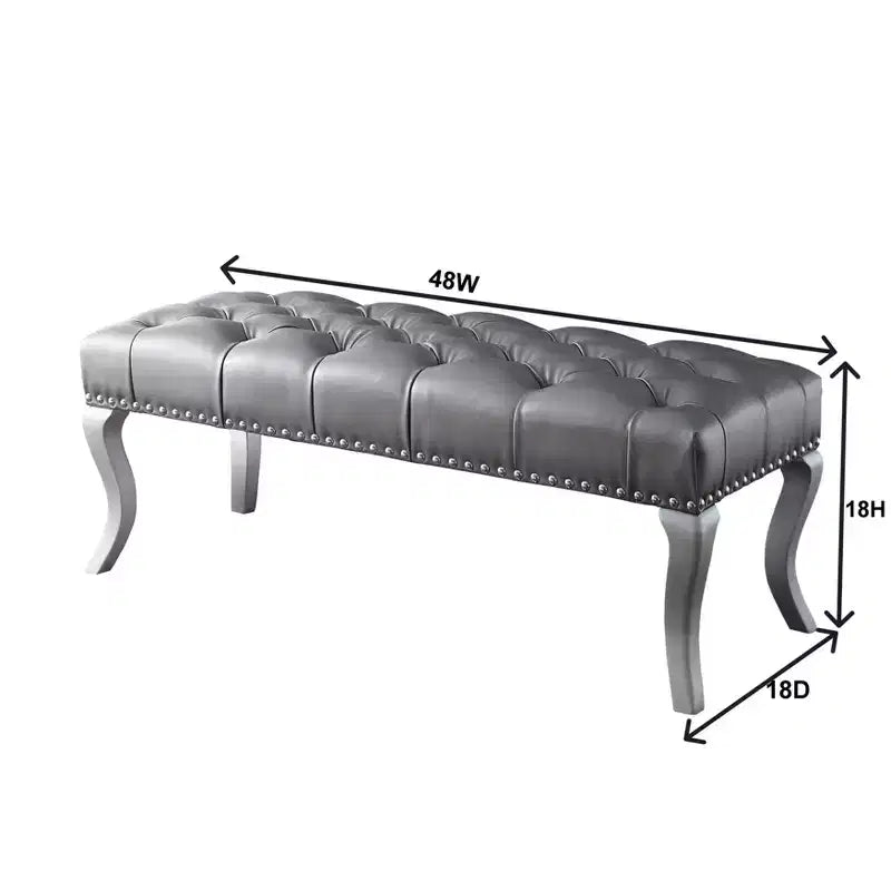 Banc rembourré en tissu capitonné avec garniture cloutée gris