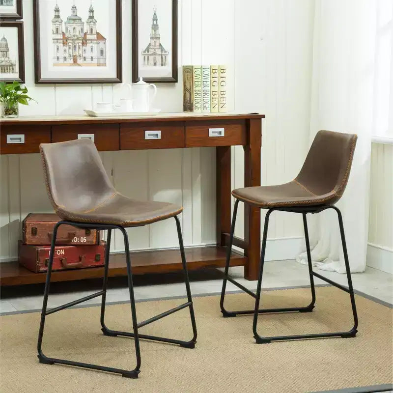 Roundhill Furniture Lotusville Vintage PU Leather Counter Height Stools Antique Brown Set of 2